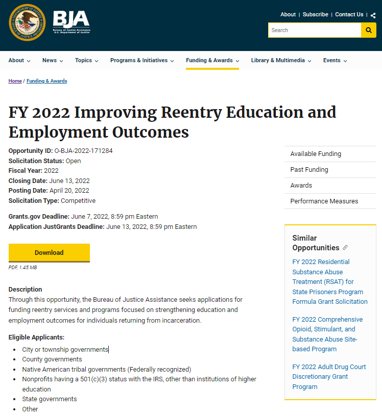 FY 2022 Improving Reentry Education and Employment Outcomes