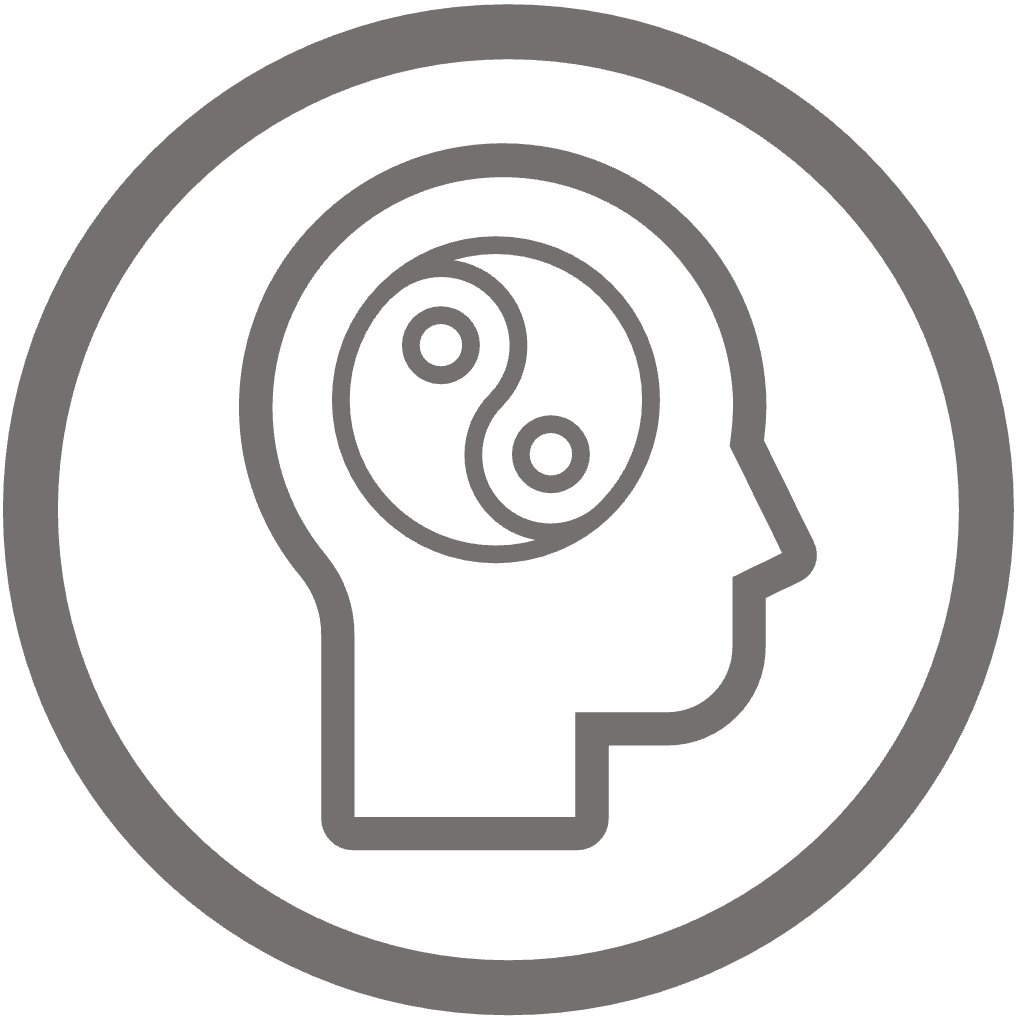 Circular icon of head and mind with yin yang symbol within