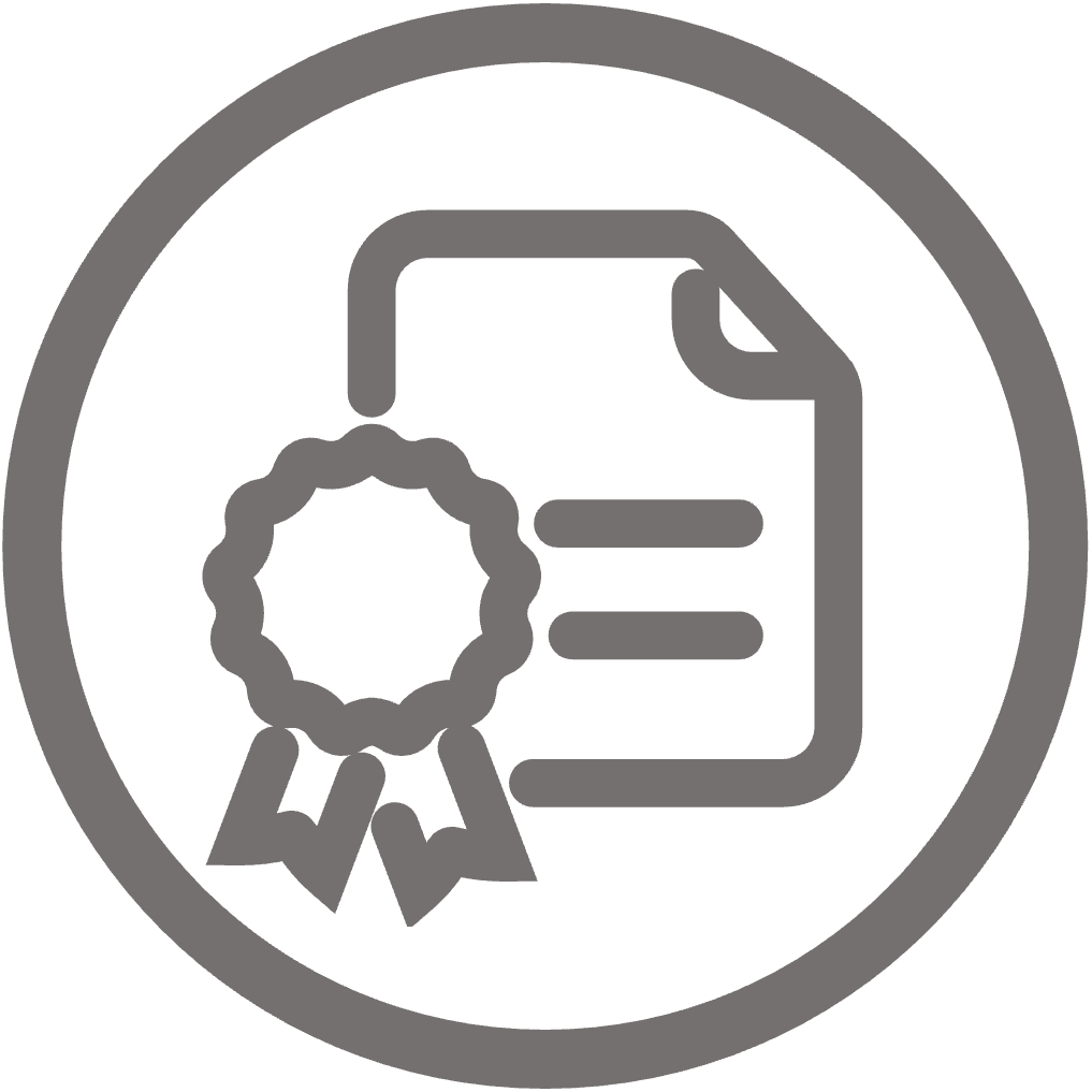 Circular icon of a document with a certification ribbon