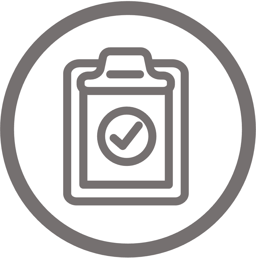 Circular icon of clipboard with check-marked paper attached