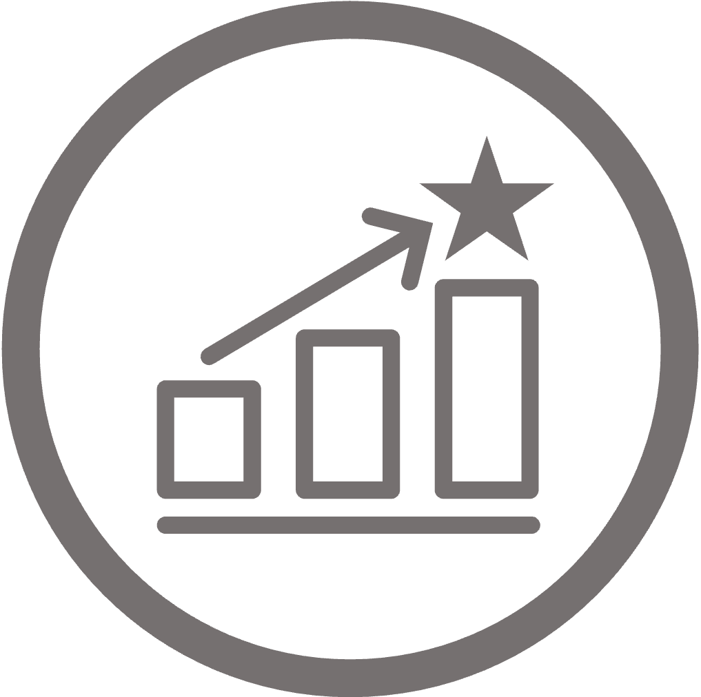 Icon of data bar chart increase with arrow pointing to star above all inside a circle