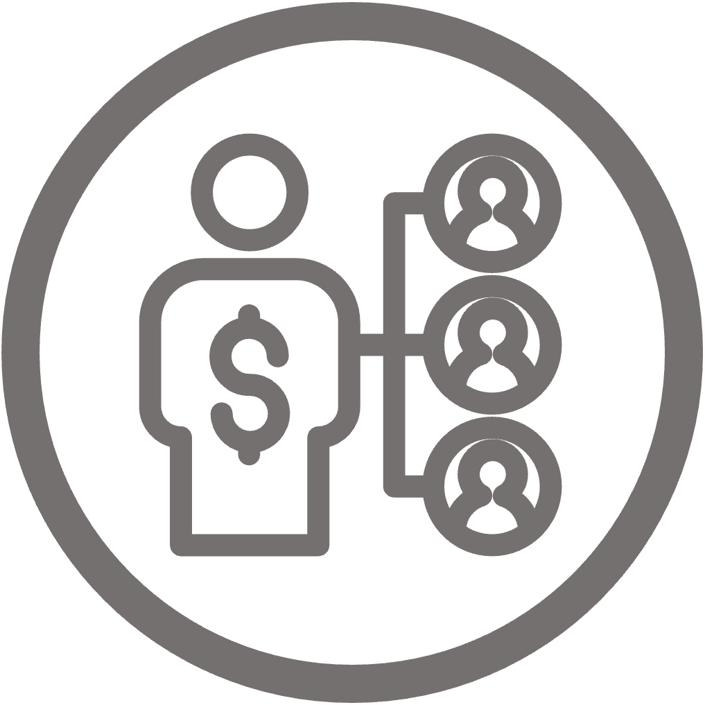 Circular icon of person with dollar sign connected to 3 other people
