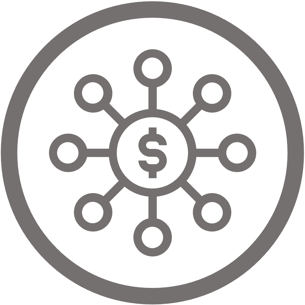 Circular icon of central point with dollar sign connected to surrounding smaller points