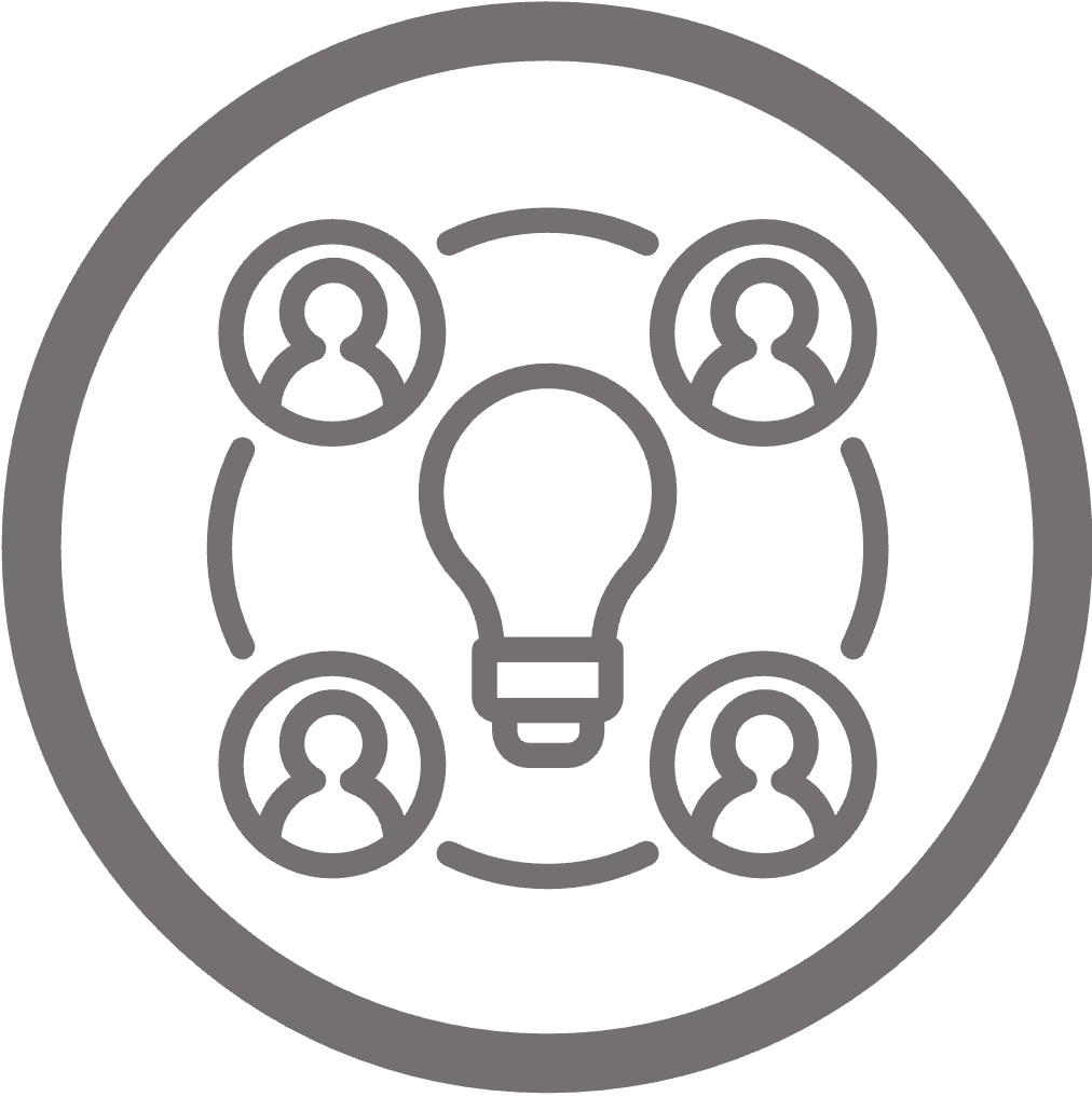 Icon of light bulb encircled by icons of four people all inside a circle