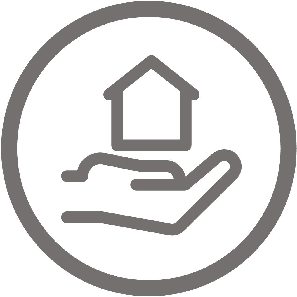 Circular icon of hand appearing to hold a house
