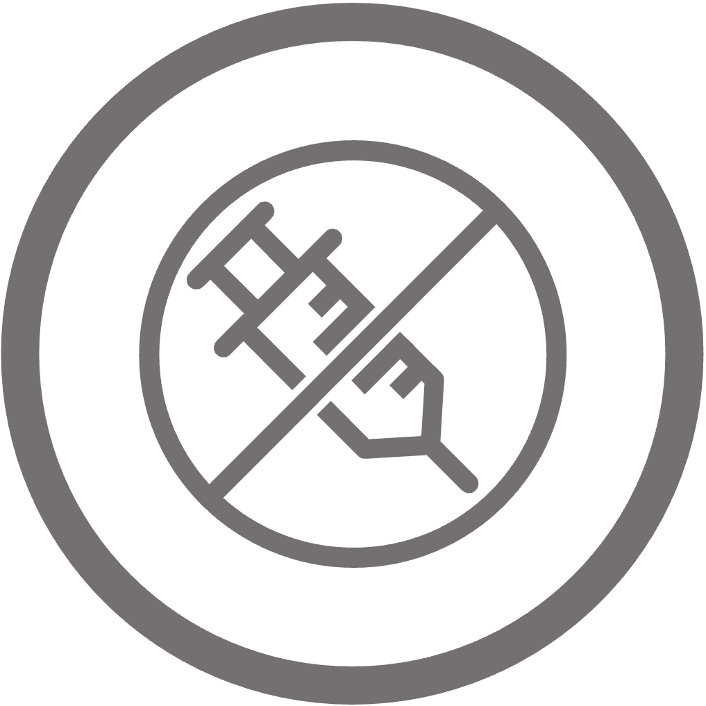 Circular icon of a syringe crossed out