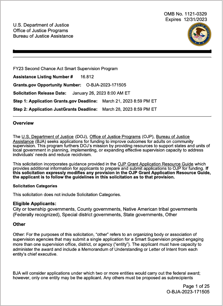 FY 2023 Second Chance Act Smart Supervision Program solicitation