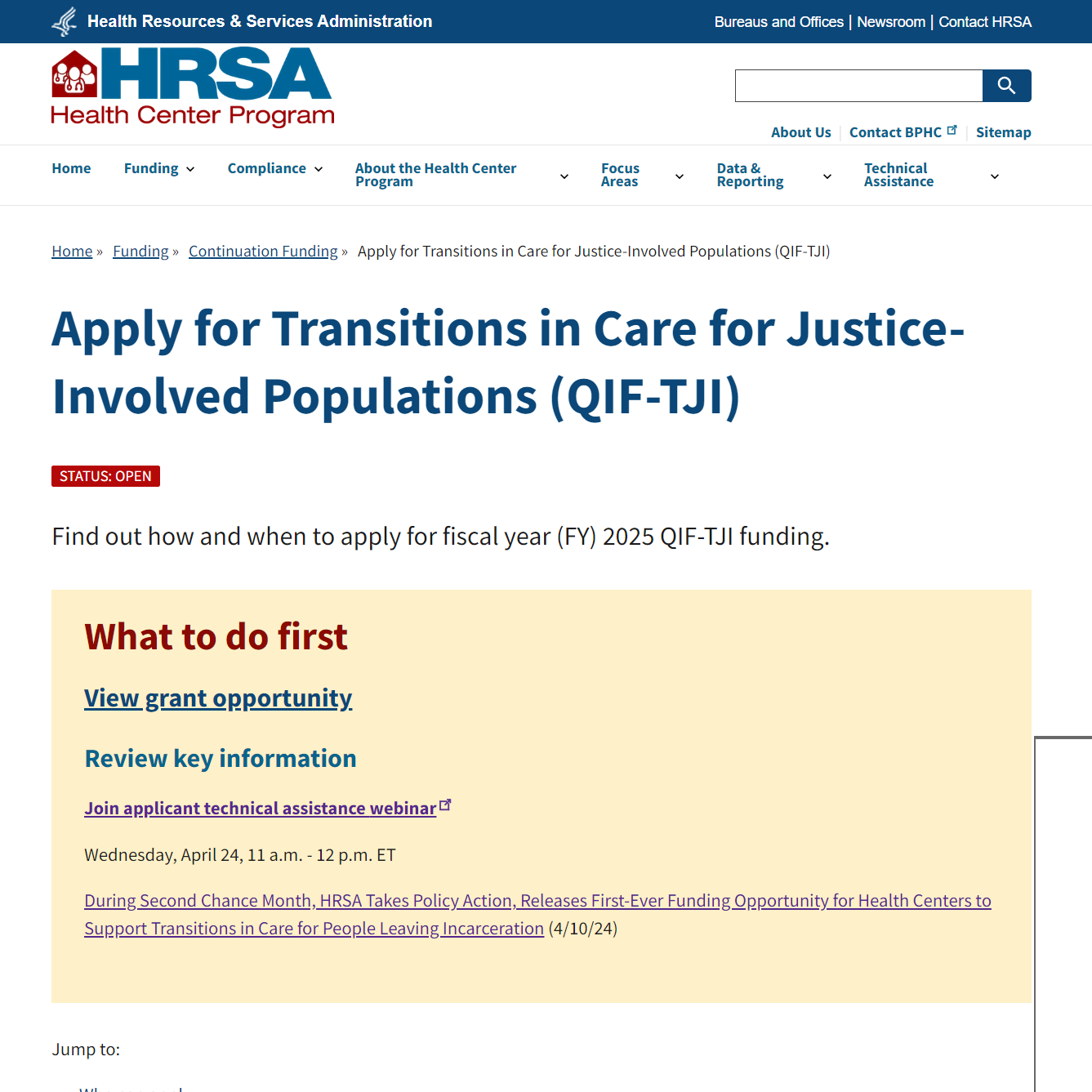 Apply for Transitions in Care for Justice-Involved Populations (QIF-TJI)