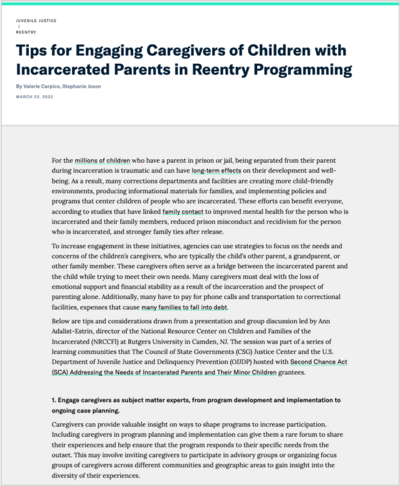 Tips for Engaging Caregivers of Children with Incarcerated Parents in Reentry Programming cover